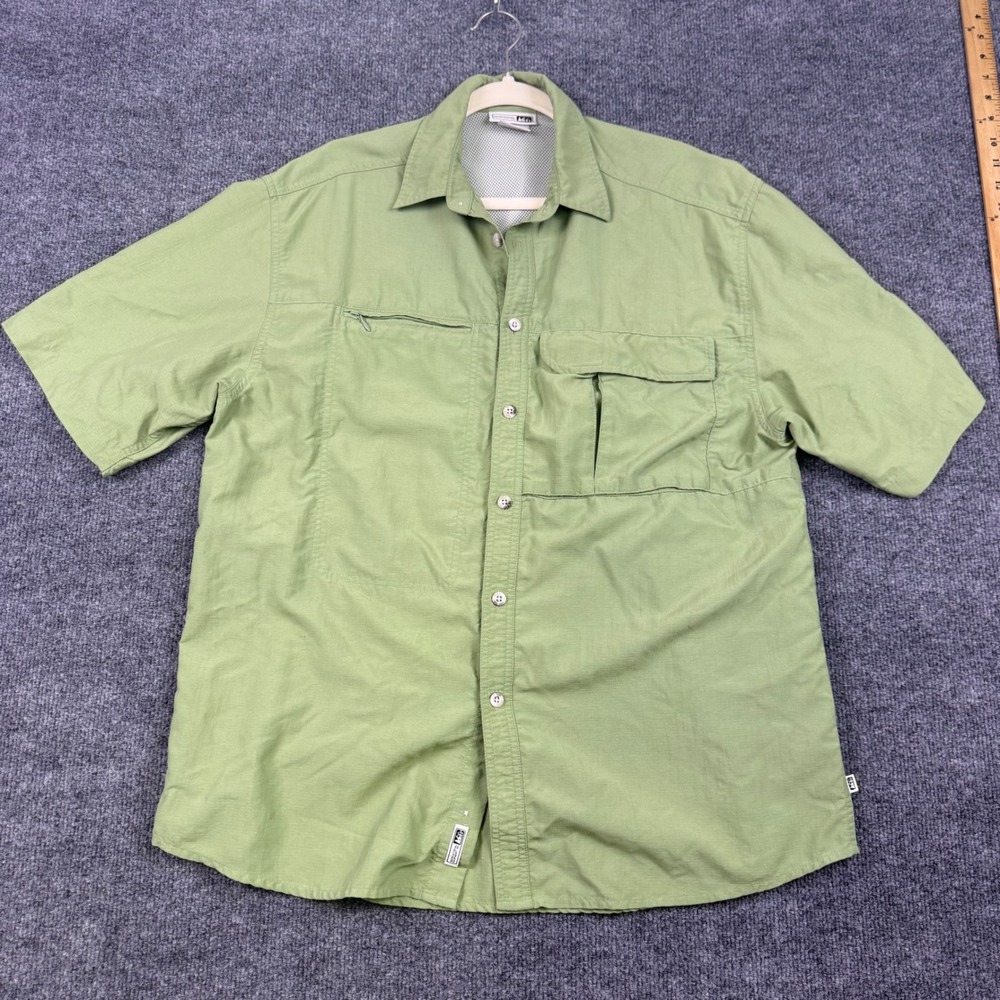REI Mens Medium Green Short Sleeve Button Up Hiking Shirt Mesh Vented Back